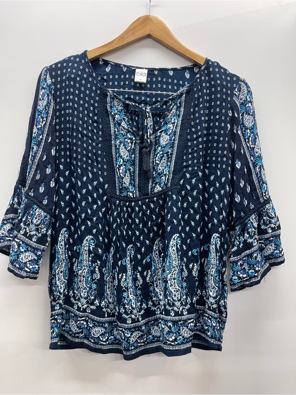 Bila Women's Navy Paisley Print Bell Sleeve Blouse Peasant Top